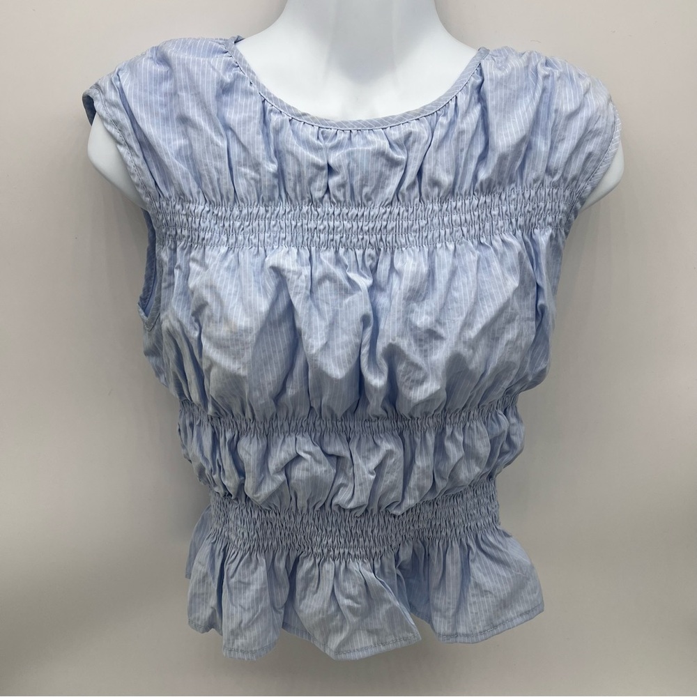 Elegant Sky Blue Smocked/Ruched Summer Blouse
